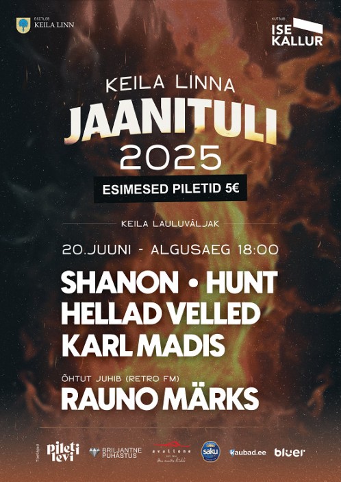 Keila linn esitleb ja Sugarland Peod kutsub: KEILA LINNA JAANITULI 2025 20.06.2025 algusega kell 18:00 Keila lauluväljakul Kontseri annavad: SHANONHUNT HELLAD V