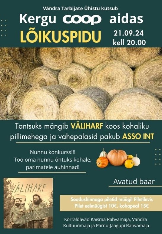 Lõikuspidu Kergu COOP aidas. Ansambel Väliharf.